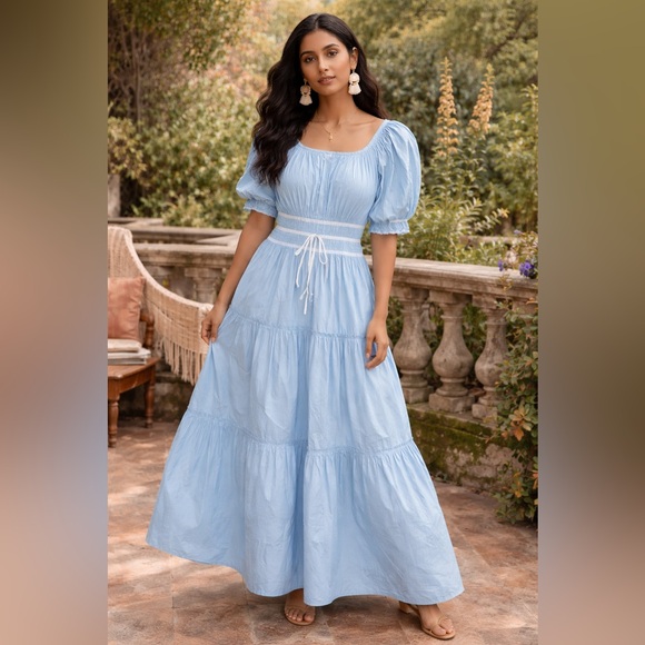 Dresses & Skirts - D93. Light Blue Puff-Sleeve Tiered Maxi Dress